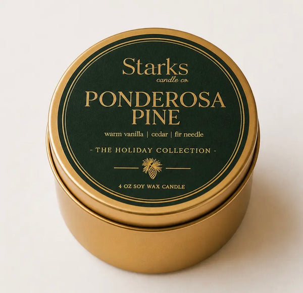 Ponderosa Pine 4 oz gold tin candle included in the 100-candle bulk case