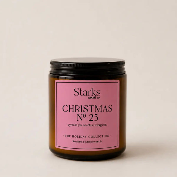 Christmas No. 25 9 oz amber soy candle with pink label