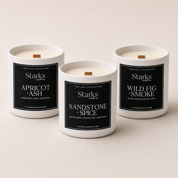 The Fall Collection Trio with Sandstone + Spice, Apricot + Ash, and Wild Fig + Smoke candles