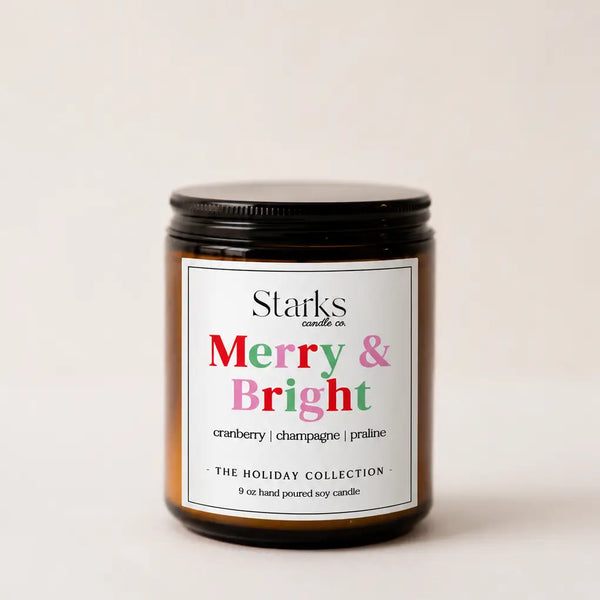 Merry and Bright 9 oz amber jar soy candle with colorful holiday label