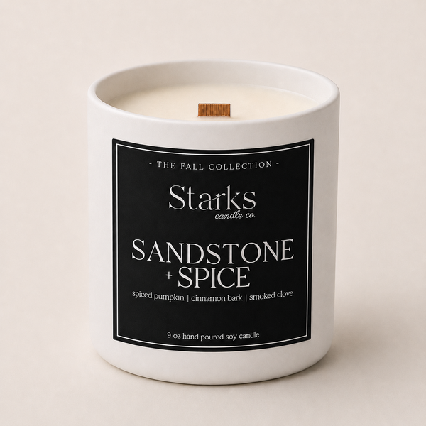 Sandstone + Spice 9 oz white matte soy candle