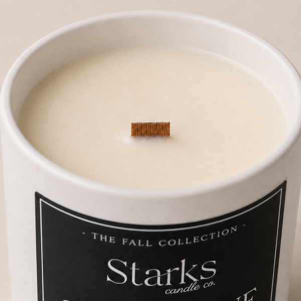 Close-up of the natural wooden wick and soy wax in the Sandstone + Spice candle